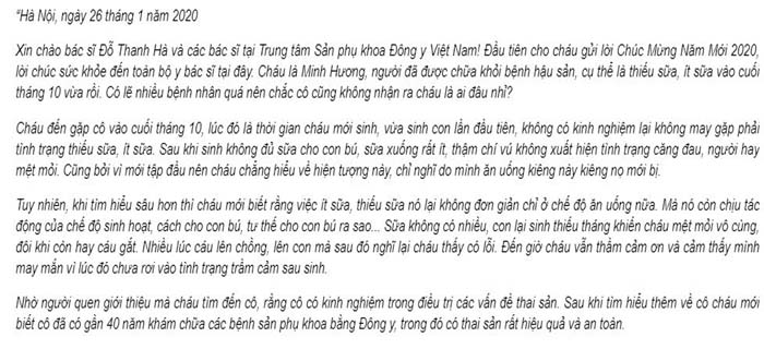 Trích đoạn bức thư của chị Minh Hương gửi tới bác sĩ Đỗ Thanh Hà