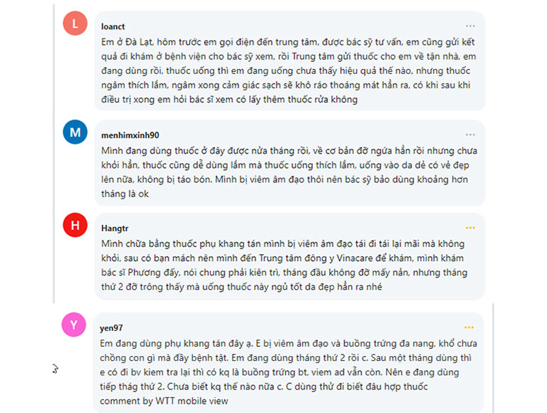 Phản hồi của bệnh nhân viêm âm đạo về Phụ Khang Tán trên webtretho