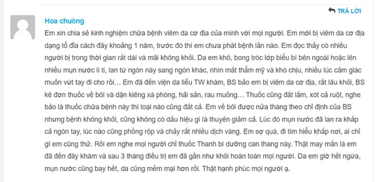 Chia sẻ của nickname Hoa Chuông về quá trình điều trị viêm da cơ địa của mình trên website 2doctor