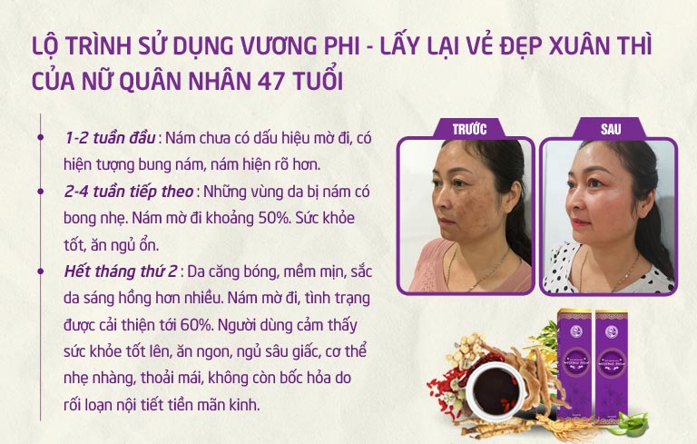 Lộ trình sử dụng Vương Phi của một khách hàng bị nám mảng, nám chân sâu lâu năm tại Trung tâm Da liễu Đông y Việt Nam