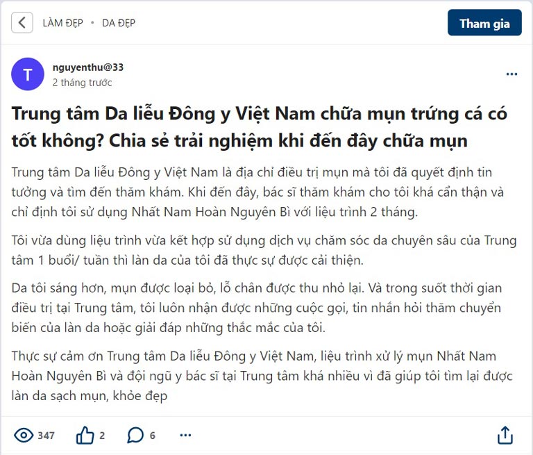 Tài khoản nguyenthu@33 chia sẻ về hành trình trị mụn tại Trung tâm Da liễu Đông y Việt Nam